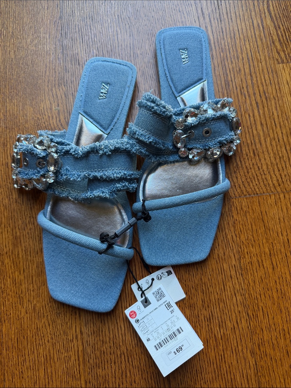 Zara Light Blue Jeweled Frayed Denim Slide Sandals